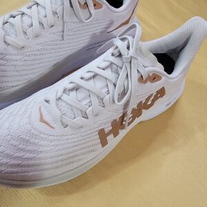 Hoka White and Bronze Athletic Shoes